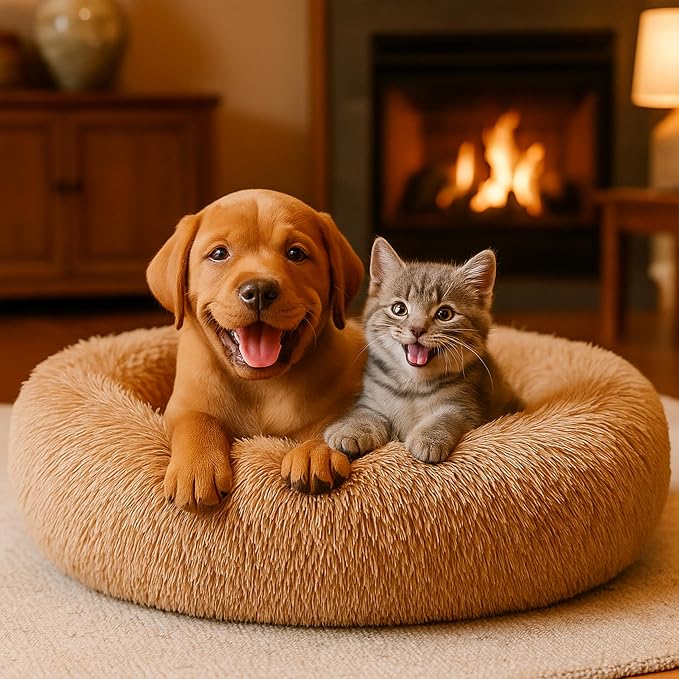 Calming Dog Bed - Fluffy Donut Cuddler for Anxiety Relief, Orthopedic Pet Bed with Non-Slip Bottom, Cozy Round Faux Fur Nest for Dogs and Cats, Plush Crate Mat for Comfort (Camel, X-Large)