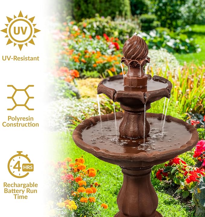 Sunnydaze 35" Solar 2-Tier Outdoor Water Fountain - Garden Water Feature with Battery Backup and Pump - Rust