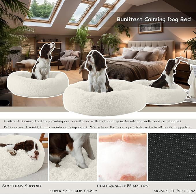 Bunlitent 20'' inch Calming Dog Bed, Anti-Anxiety Donut Small Dog Bed, Warming Cozy Soft Cute Round Washable, Marshmallow Cuddler Nest Puppy Dogs and Cats Bed, White