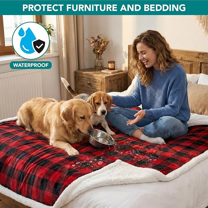 PetAmi Waterproof Dog Blanket for Couch, Extra Large 80x60, Pee Proof Sherpa Fleece Reversible Pet Throw, Furniture Protector for Bed Sofa Crate Kennel, Soft Washable Cover for Dog Cat, Plaid Red