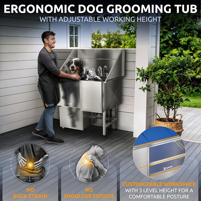 KANIS Professional Dog Washing Station 304 Stainless Steel Pet Wash Sink & Grooming Bathtub w/Shower, Floor Grates and Storage for Large, Medium & Small Pets (Silver, 40 Inches, Right Ramp, 1 Drawer)