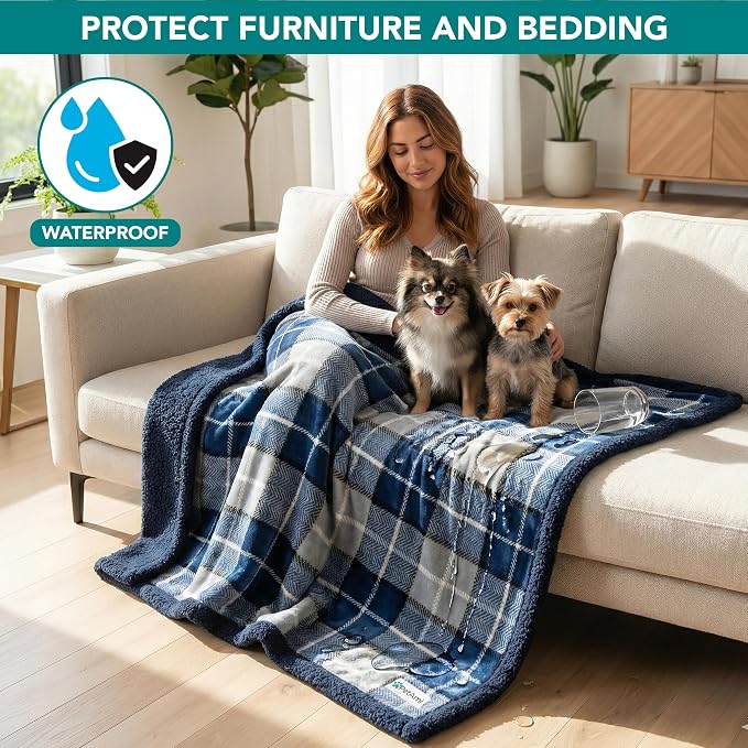 PetAmi Waterproof Dog Blanket for Couch, Pee Proof Sherpa Fleece Reversible Pet Throw, Furniture Protector for Bed Sofa Kennel, Soft Washable Cover for Small Medium Dog Puppy Cat, 29x40 Plaid Blue