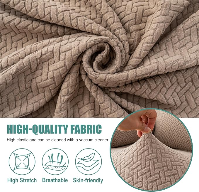 Genina Recliner Loveseat Covers with Console, Stretch Reclining Sofa Covers, 2 Seater Couch Cushion Stripe Jacquard Recliner Slipcovers - Furniture Protector Covers for Pet Kid (Taupe)