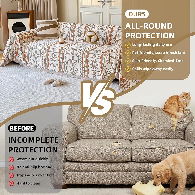 Couch Cover for Dogs Washable Sofa Cover, Sectional Couch Covers, Sofa Covers for 2 Cushion Couch, Non Slip Stripe Sofa Slipcovers Furniture Protector (Khaki Orange, 71 * 118)