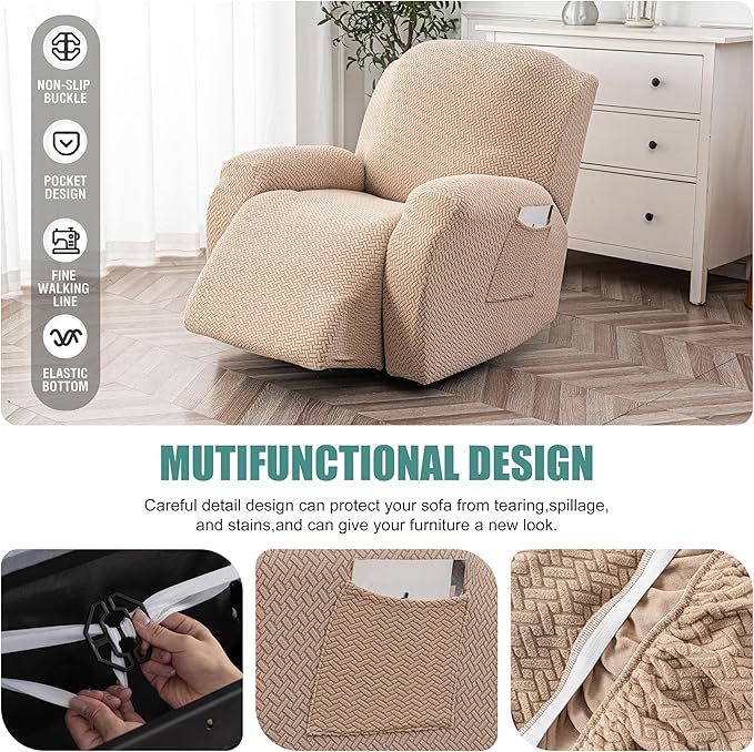 Genina Recliner Chair Cover, Stretch Reclining Chair Covers, Recliner Sofa Slipcovers Stripe Jacquard Lazy Couch Covers Furniture Protector Covers for Pet Kid (Khaki, 1 Seat)