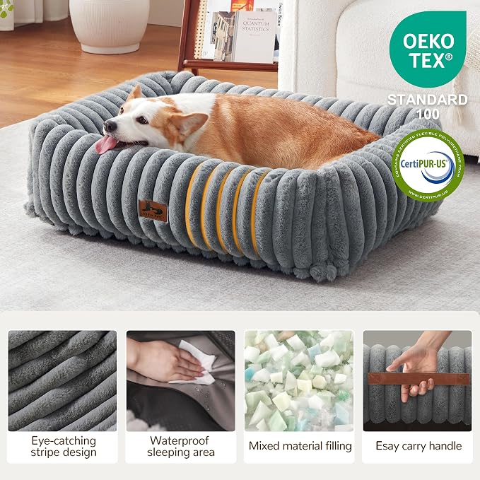 Dog Beds Large Sized Dog,Rectangle Orthopedic Pet Bed for Large Dog, Comfort Fluffy Memory Foam Dog Beds with Anti-Slip Bottom,Grey(35x25x9inchs)