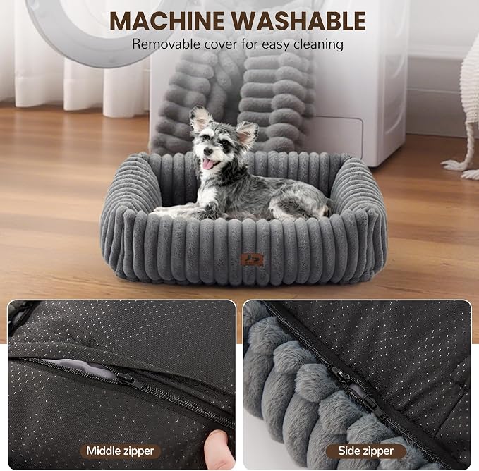 Cute Dog Bed for Small Dogs & Cats,Washable Fluffy Cat Beds for Indoor Cats, Rectangle Orthopedic Memory Foam Puppy Beds with Anti-Slip Bottom, 20 x19 x 7 Inches, Grey(20x19x6inchs)