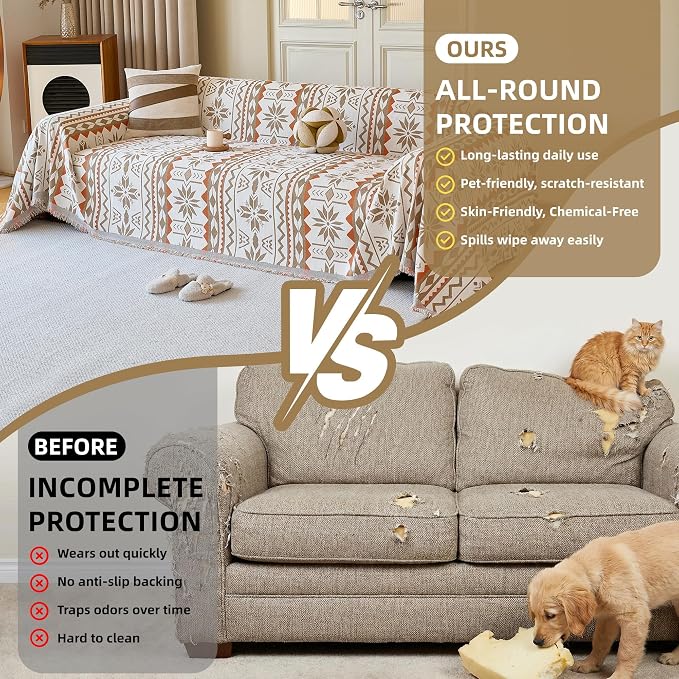 Couch Cover for Dogs Washable Sofa Cover, Sectional Couch Covers, Sofa Covers for 2 Cushion Couch, Non Slip Stripe Sofa Slipcovers Furniture Protector (Khaki Orange, 91 * 71)