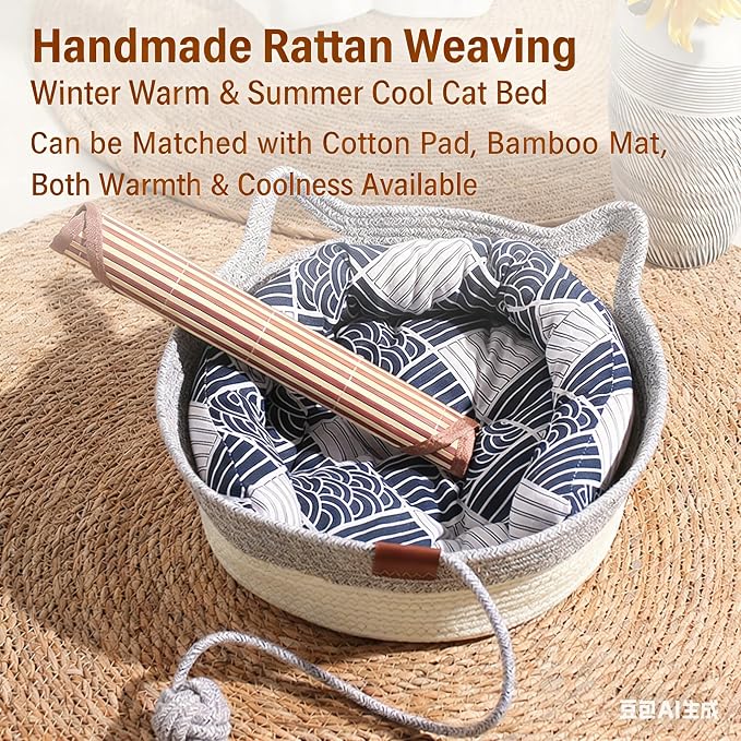 Instinct Basket for Cats & Cotton pad Stimuli Cat Bed with Toy Tail Cats Ear Design Breathable All Season Universal Scratch-Resistant (Grey, S)
