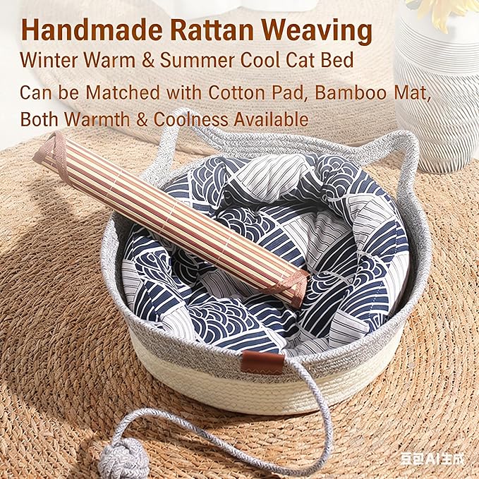 Instinct Basket for Cats & Cotton pad Stimuli Cat Bed with Toy Tail Cats Ear Design Breathable All Season Universal Scratch-Resistant (Dark Green, M)