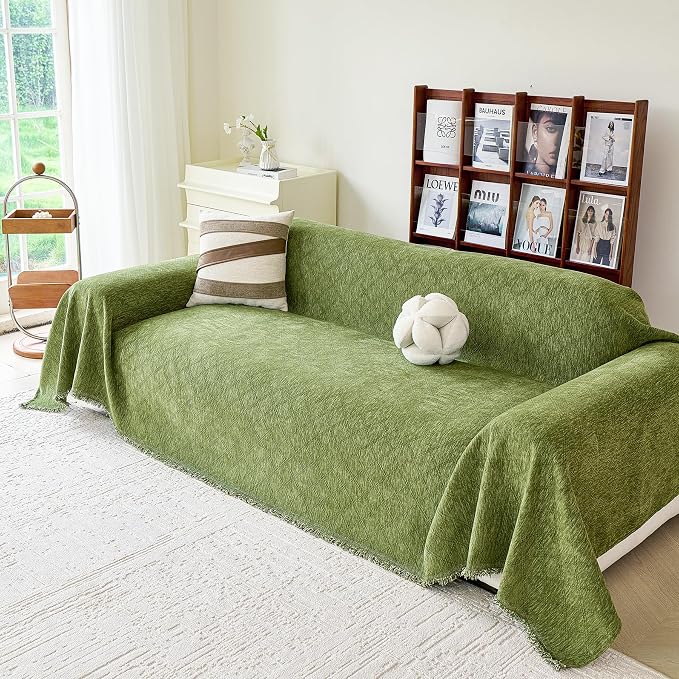 VANJOROY Green Couch Cover Chenille for 2 Cushion L-Shape Loveseat, Washable Sofa Couch Cover Protector Soft Sofa Slipcovers for Pets Dog with Tassel,71"x 102"