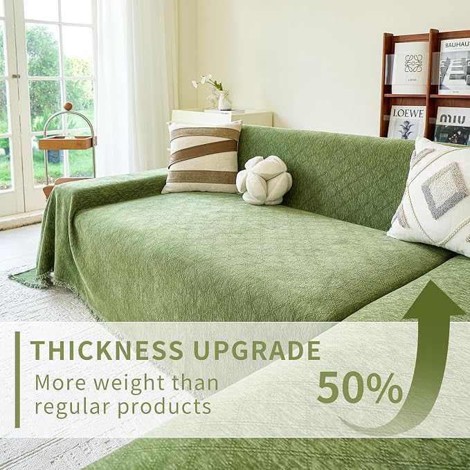 VANJOROY Green Couch Cover Chenille for 2 Cushion L-Shape Loveseat, Washable Sofa Couch Cover Protector Soft Sofa Slipcovers for Pets Dog with Tassel,71"x 102"
