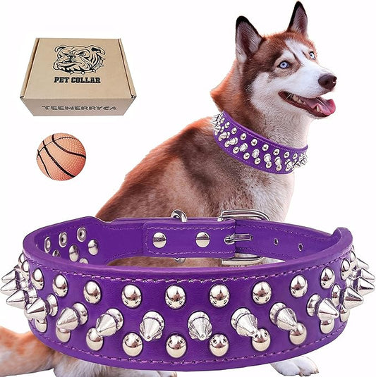 TEEMERRYCA Adjustable PU Leather Spiked Studded Dog Collars with a Squeak Ball Gift for Small Medium Large Pets Like Cats/Pit Bull/Bulldog/Pugs/Husky, Purple, XL 17.7"-20.5"