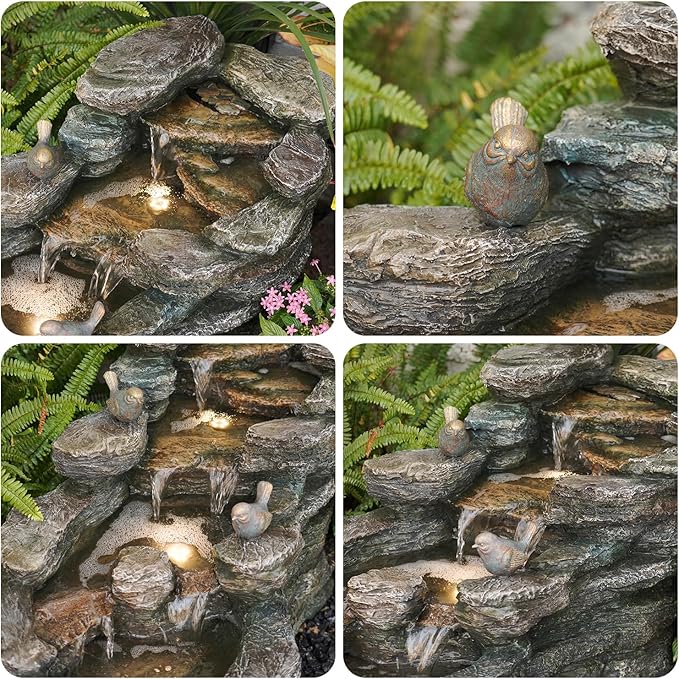 YZM 36.61" Outdoor Water Fountain with LED Lights, 5-Tier Cascading Rock Waterfall Fountain, Freestanding Resin Garden Fountain for Patio, Yard, Porch, Backyard and Indoor Decor