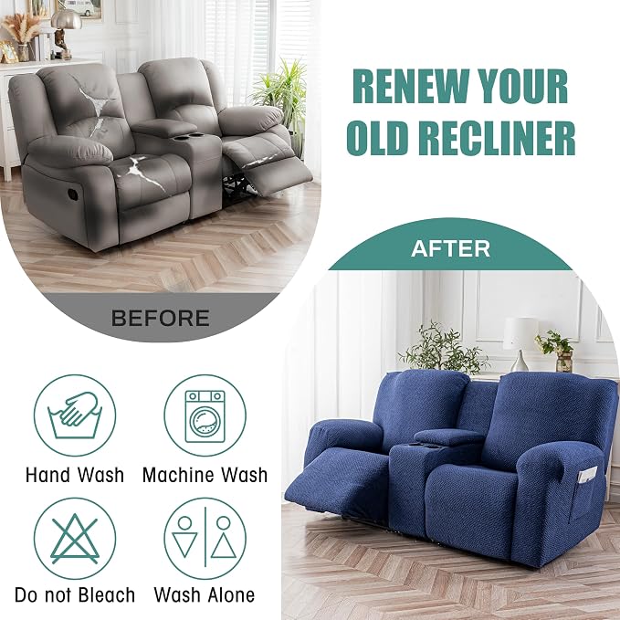Genina Recliner Loveseat Covers with Console, Stretch Reclining Sofa Covers, 2 Seater Couch Cushion Stripe Jacquard Recliner Slipcovers - Furniture Protector Covers for Pet Kid (Navy Blue)