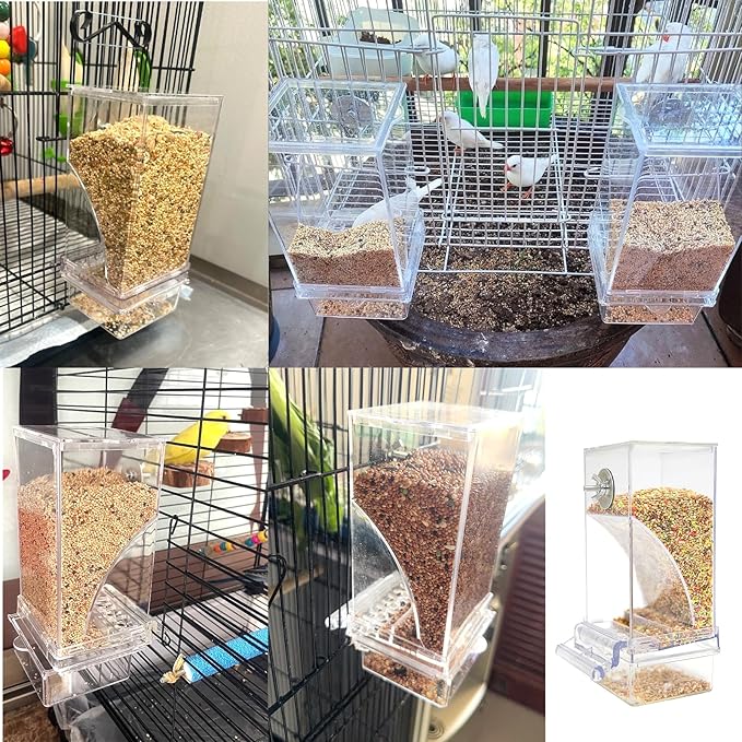 Automatic Bird Cage Feeder No Mess Parakeet Feeder Seed Food Container Feeding Station Cage Accessories for Small Birds Parrot Canary Lovebirds(Transparent)