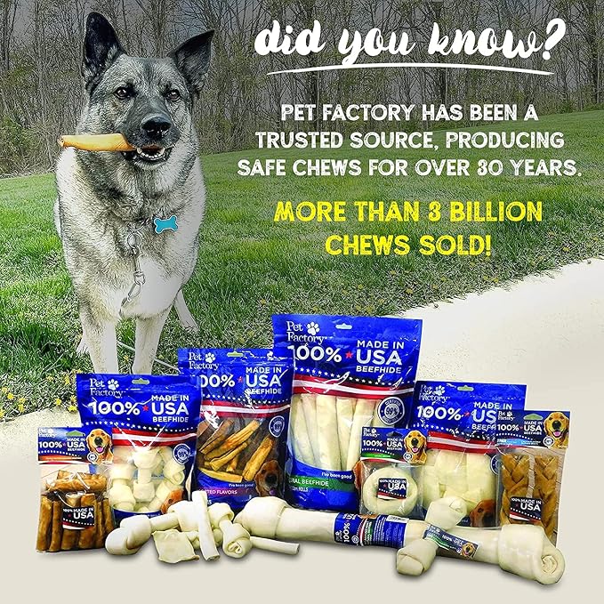 Pet Factory 100% Made in USA Beefhide Dog Chews – 6–7" Knotted Rawhide Bones for Dogs, Natural Flavor Long-Lasting Dog Chew Treats, Helps Support Dental Health, 8 Count Pack