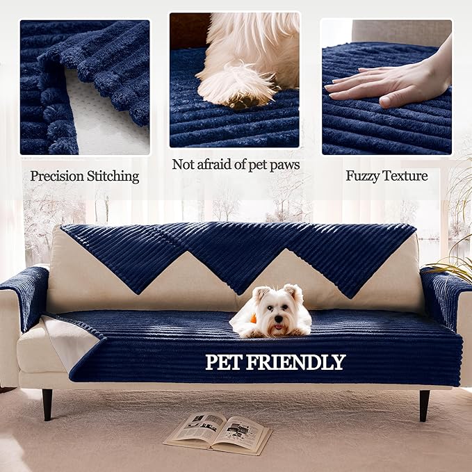 Waterproof Dual Non-Slip Couch Cover for Dogs, Fuzzy Soft Pet Couch Covers for 2 Cushion Sofa loveseat, Pet Friendly Soft Dog Bed Covers Sofa Cover Washable (Navy Blue, 33" x 62" 1 Pack)