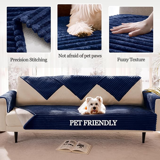 Dual Non-Slip Couch Cover for Dogs Waterproof, Fuzzy Soft Pet Couch Covers for Sofa 3 Cushion, Pet Friendly Soft Dog Bed Covers Sofa Cover Washable (Navy Blue, 33" x 75" 1 Pack)