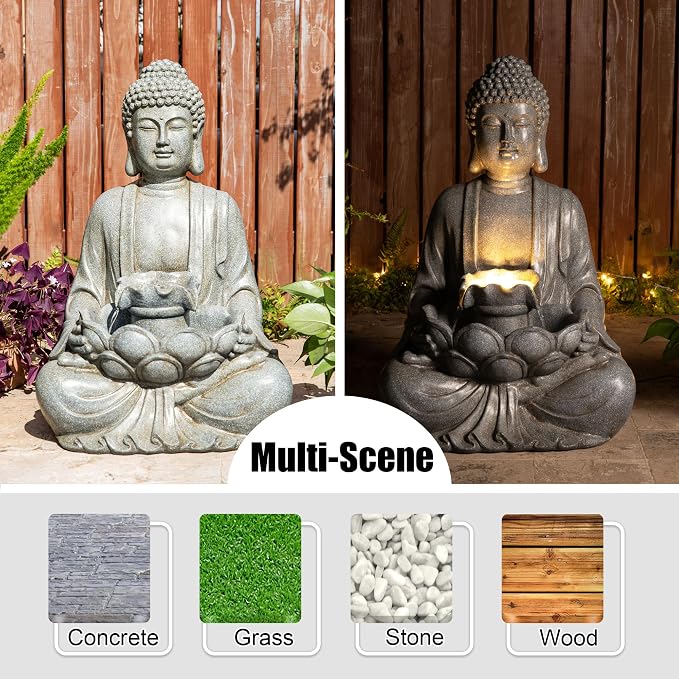 Glitzhome Buddha Outdoor Water Fountain with Lights and Pump, 28.25" H Zen Style Outdoor Fountain Concrete Meditating Buddha Statue Polyresin Garden Fountain Waterfall for Patio, Porch, or Yard Decor