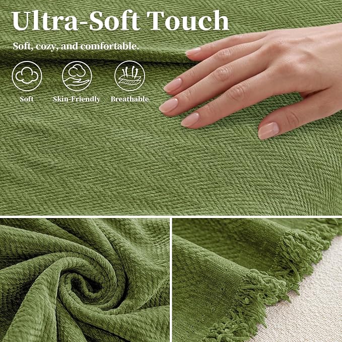 hyha Couch Cover for Dogs, Boho Sofa Covers for 3 Cushion Couch Washable, Chenille Sofa Slipcover for Pets, Soft Loveseat Sectional Couch Throw Blankets with Tassels (Green, 88.5x134 Inch)