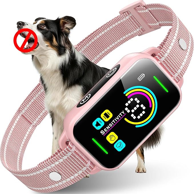 DINJOO Bark Collar for Large Medium Small Dogs - Smart AI 1S Stop Barking, Anti Barking Device & Dog Training Collar with Beep, Vibration & 8-Level Sensitivity, IP67 Waterproof - Pastel Pink