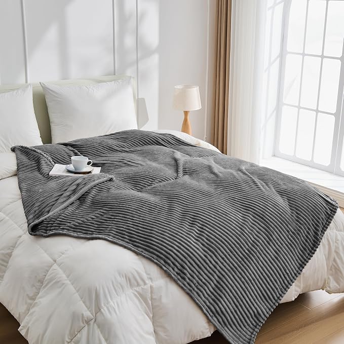 Bnuitland Fleece Throw Blanket for Couch, 300GSM Soft Warm Cozy Fluffy Throw for Adults & Kids, Stripe Pattern, All Season Sofa Bed Blanket for Home Decor, Grey 50"x60"
