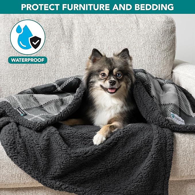 PetAmi Waterproof Dog Blanket for Couch, Pee Proof Fleece Reversible Pet Throw, Furniture Protector for Bed Sofa Kennel, Soft Washable Cover for Small Medium Dog Puppy Cat, 29x40 Plaid Dark Grey