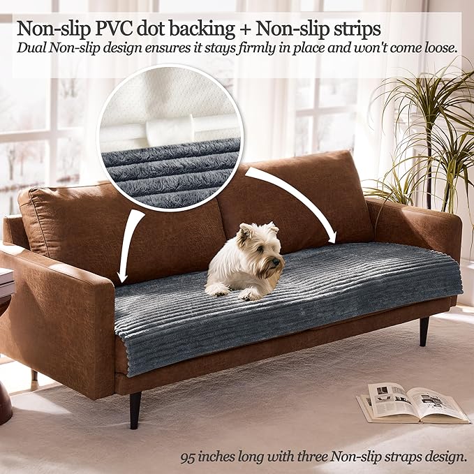 Dual Non-Slip Couch Cover for Dogs Waterproof, Fuzzy Soft Pet Couch Covers for Sofa 3 Cushion, Pet Friendly Soft Dog Bed Covers Sofa Cover Washable (Titanium Gray, 33" x 75" 1 Pack)