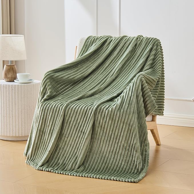 Bnuitland Sage Green Flannel Throw (50X71 inches) with Pillow Cover(18×18"),300GSM Super Soft Fleece Stripe Pattern Sofa Blanket, Lightweight Cozy Bed Throw for Home Decor All Season