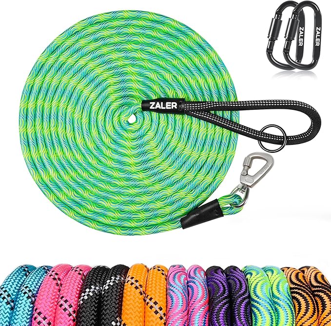 ZALER Long Dog Leash, 50 feet 30ft 20ft 15ft 10ft Dog Training Lead, Heavy Duty Check Cord Recall Leash for Dogs Training, Playing, Camping, or Backyard (50FT, Blue Green)