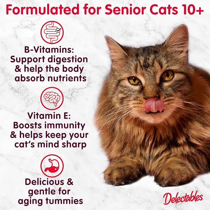 Delectables Lickable Treat Savory Broth Senior 10+ Wet Cat Treats with Real Chicken & Tuna, Food Topper, Hydrating, Grain-Free, No Fillers, No By-Product, No Added Preservatives, 1.4oz Pouch, 12ct