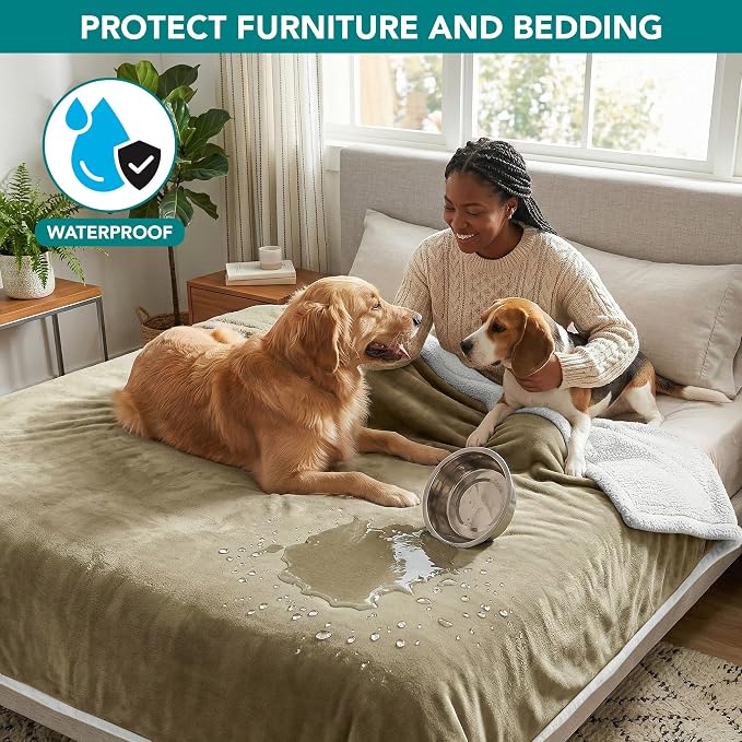 PetAmi Waterproof Dog Blanket for Couch, Extra Large 80x60, Pee Proof Sherpa Fleece Reversible Pet Throw, Furniture Protector for Bed Sofa Crate Kennel, Soft Washable Cover for Dog Cat, Taupe