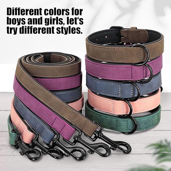Didog Soft Padded Leather Dog Collar and Leash Set, Adjustable Pink and Breathable Pet Collars with 4FT PU Leather Dog Leash for Small Medium Large Dogs, Pink, L