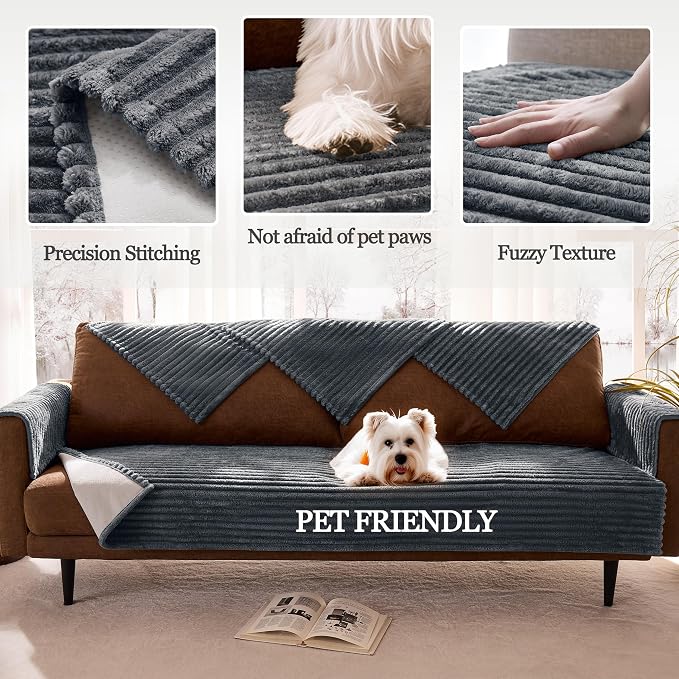 Dual Non-Slip Couch Cover for Dogs Waterproof, Fuzzy Soft Pet Couch Covers for Sofa 3 Cushion, Pet Friendly Soft Dog Bed Covers Sofa Cover Washable (Titanium Gray, 33" x 85" 1 Pack)