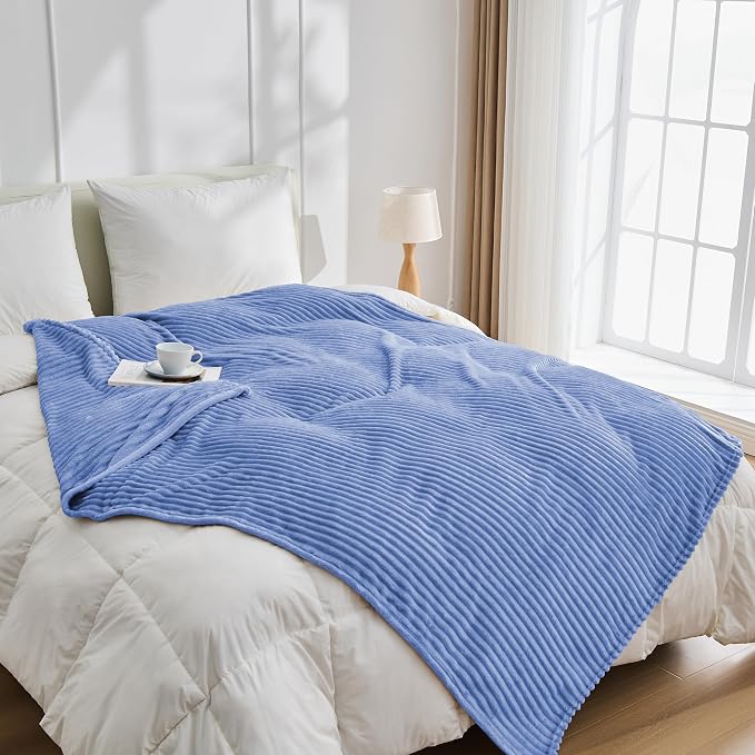 Bnuitland Fleece Throw Blanket for Couch, 300GSM Soft Warm Cozy Fluffy Throw for Adults & Kids, Stripe Pattern, All Season Sofa Bed Blanket for Home Decor, Sky Blue 50"x60"