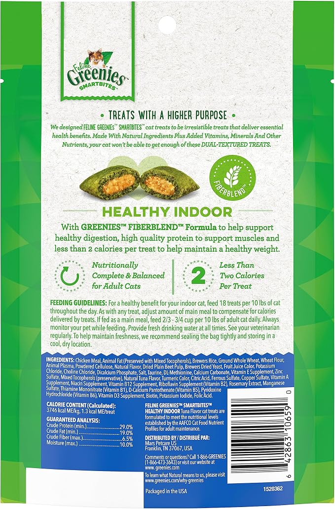 Greenies Feline Smartbites Healthy Indoor Natural Treats for Cats, Tuna Flavor, 4.6 oz. Pouch (Pack of 2)