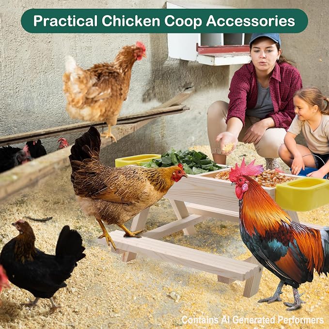 Boulphia Chicken Feeders and Waterers, Chicken Feeder No Waste Kit with Picnic Table and 2 Water Feeder, Handmade Wooden Chicken Supplies & Accessories for Chicken Coop