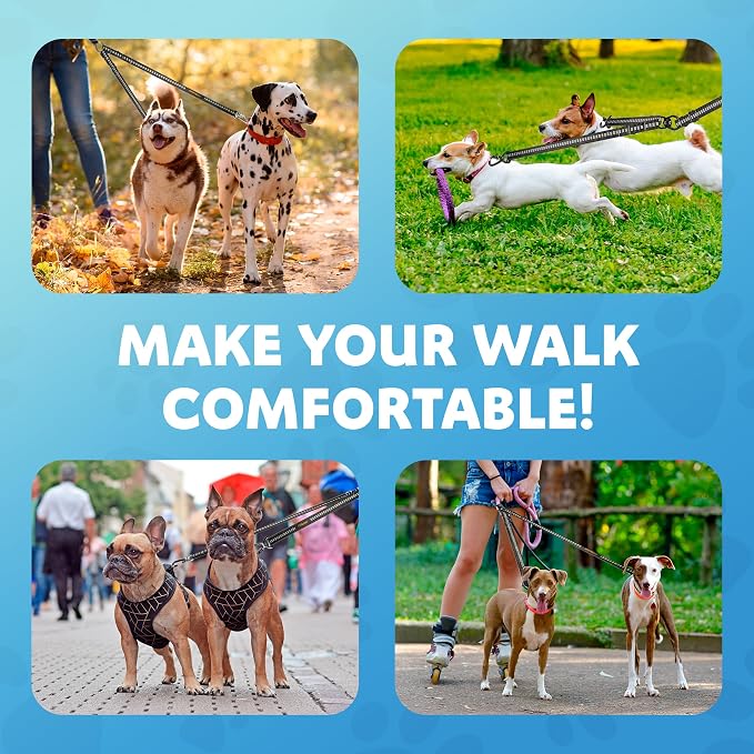 Dog Leash – Dual Reflective with Non-Tangle Design – Heavy Duty Nylon and Metal Buckles – Ideal (Orange, 2 Dog Leash with Handle)