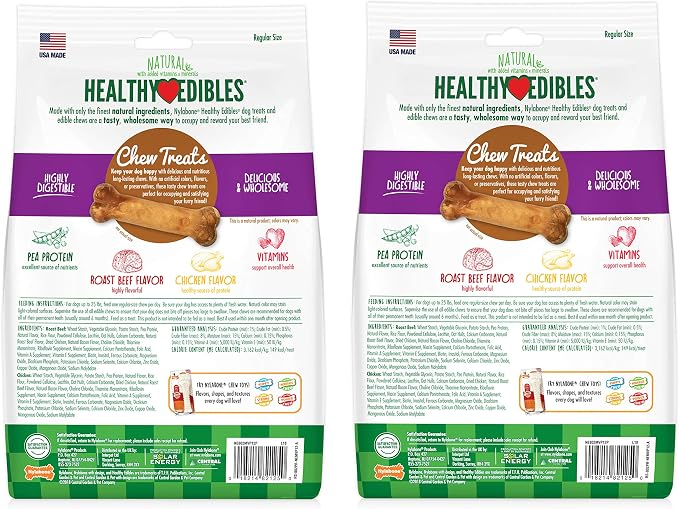 Nylabone Healthy Edibles Natural Dog Chews Long Lasting Roast Beef & Chicken Flavor Treats for Dogs, Small/Regular (24 Count)