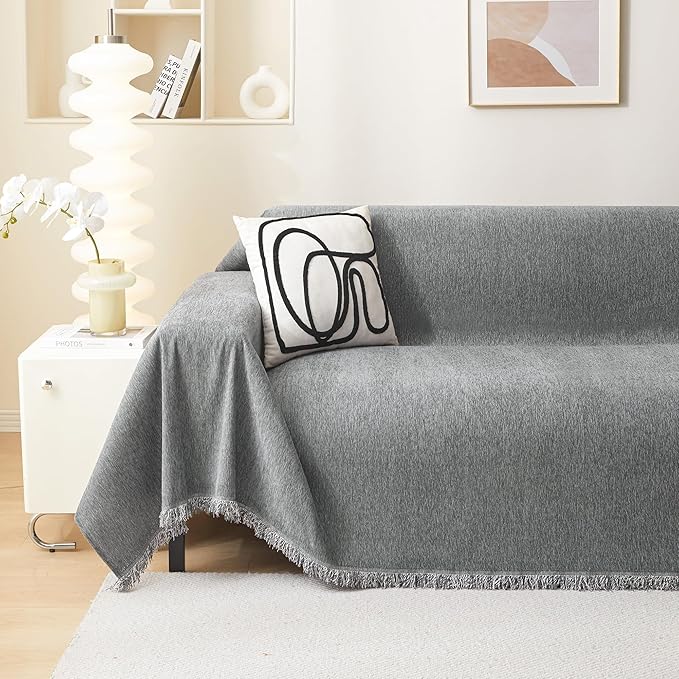 MEETSKY Grey Couch Cover for Dogs Washable Chenille Sofa Covers Blanket Sectional Couch Cover，Thick Loveseat Covers L Shaped Sofa Slipcover for Pets, 71"x 102"