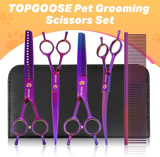 Dog Grooming Scissors Kit, Professional 6 in 1 Pet Scissors Sharp Shears Set - Straight, Thinning, Chunker, Curved Shears and Comb for Long Short Hair for Dog Cat (Set, Purple)