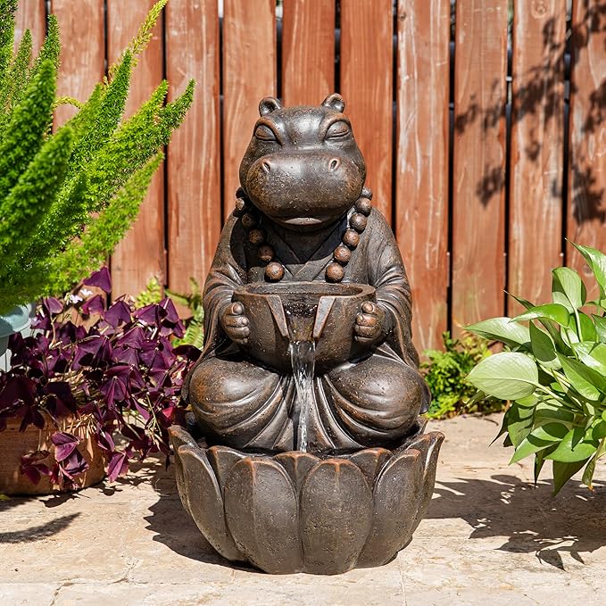 Glitzhome Water Fountain Outdoor, Outdoor Fountain with Lights, Zen-Style Water Fountain with Pump, 22" H 2-Tiered Bronze Hippo Polyresin Water Feature for Home Patio Garden Backyard Decor