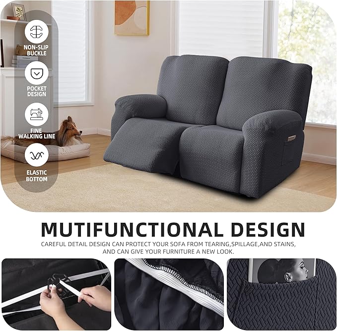 Genina Recliner Loveseat Covers, Stretch Reclining Sofa Covers, 2 Seater Couch Cushion Stripe Jacquard Recliner Slipcovers - Furniture Protector Covers for Pet Kid (Dark Gray)