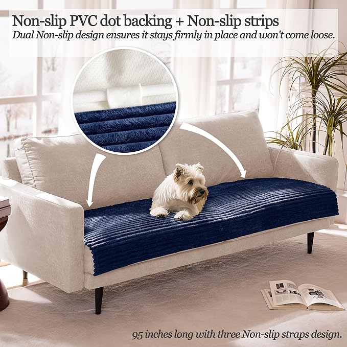 Dual Non-Slip Couch Cover for Dogs Waterproof, Fuzzy Soft Pet Couch Covers for Sofa 3 Cushion, Pet Friendly Soft Dog Bed Covers Sofa Cover Washable (Navy Blue, 33" x 95" 1 Pack)