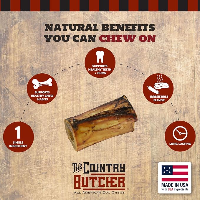 THE COUNTRY BUTCHER 4" Beef Marrow Dog Bones for Aggressive Chewers, Large and Medium Breed Dog Treat, Natural, Tough, Chew Toy, Made in the USA, 3 Count