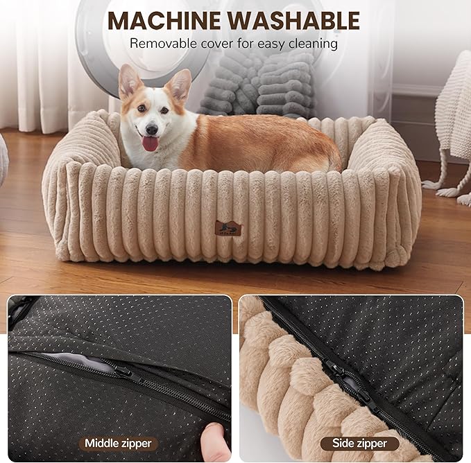 Dog Beds Large Sized Dog,Rectangle Orthopedic Pet Bed for Large Dog, Comfort Fluffy Memory Foam Dog Beds with Anti-Slip Bottom,Camel(35x25x9inchs)