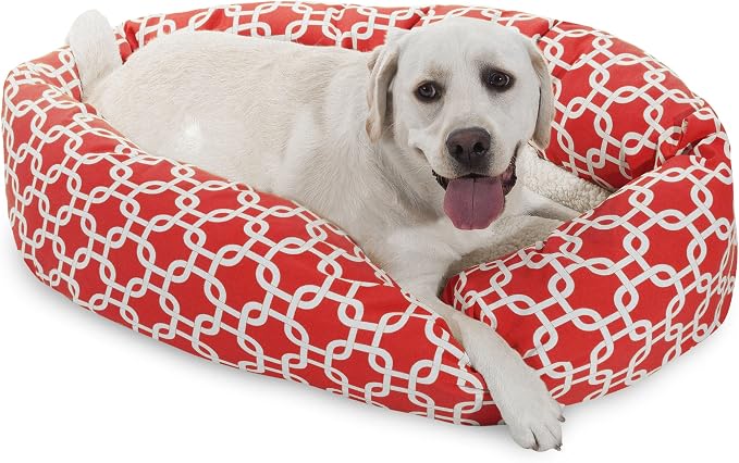 Majestic Pet 40 Inch Links Sherpa Calming Dog Bed Washable – Cozy Soft Round Dog Bed with Spine for Head Support - Fluffy Donut Dog Bed 40x29x9 (inch) – Round Pet Bed Large - RED