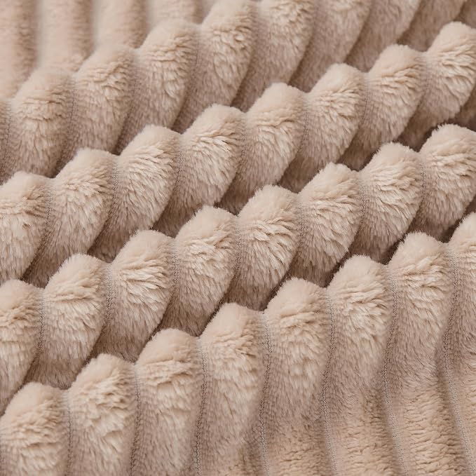 Bnuitland Fleece Throw Blanket, 300GSM Soft Warm Cozy Fluffy Throw for Babys & Pets, Stripe Pattern, All Season Sofa Bed Blanket for Home Decor, Light Camel 50"x70"