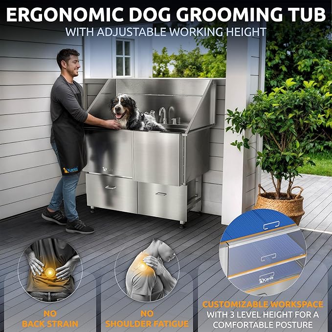 KANIS Professional Dog Washing Station 304 Stainless Steel Pet Wash Sink & Grooming Bathtub w/Shower, Floor Grates and Storage for Large, Medium & Small Pets (Silver, 50 Inches, Right Ramp, 2 Drawers)